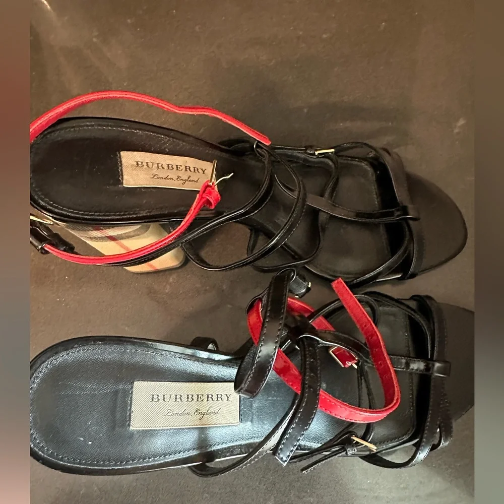 Burberry Black & Red Plaid Block Heel Sandals - Picture 7 of 7
